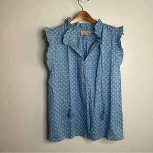 Rungloee 100% Cotton Blue Francesca Flutter Sleeve Blouse Size Small
